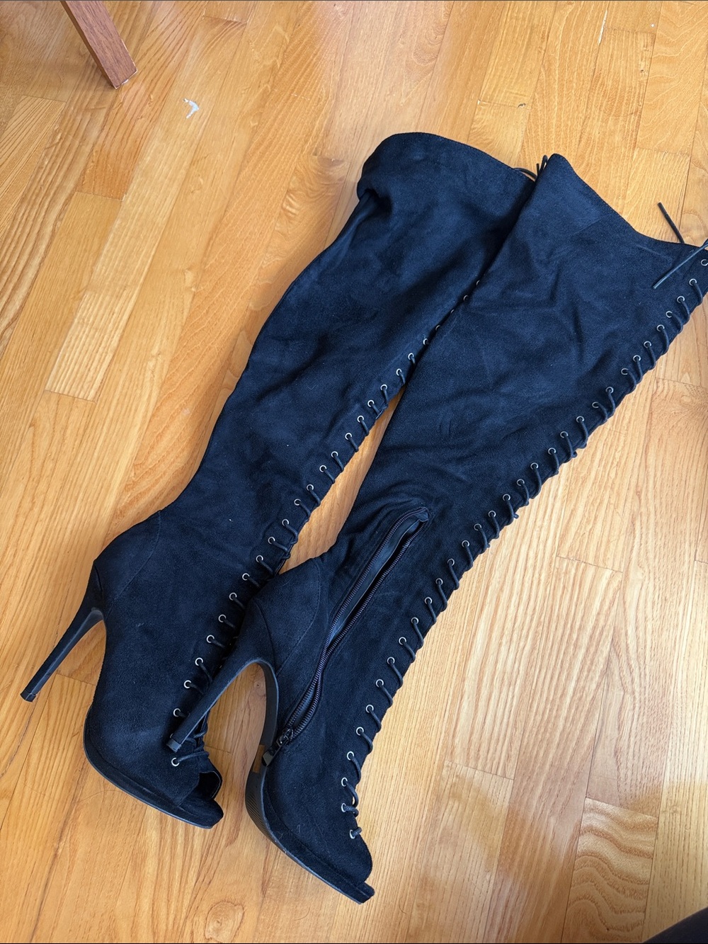 Black Lace-Up Over-the-Knee Heeled Boots